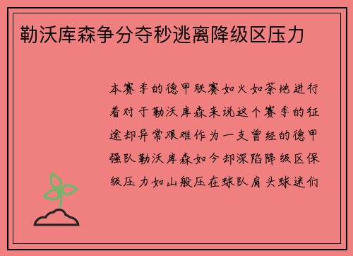 勒沃库森争分夺秒逃离降级区压力