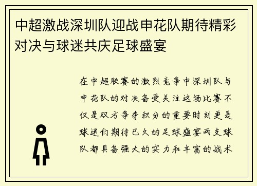 中超激战深圳队迎战申花队期待精彩对决与球迷共庆足球盛宴